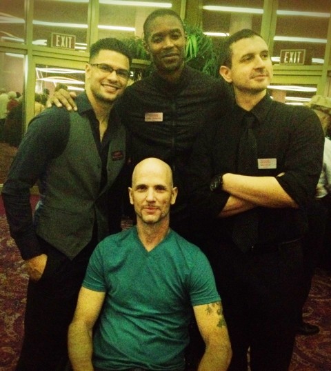 (Clockwise, from L) Fuzión Dance Artists Rolando Cabrera, Jahrel Thompson, Benjamin Howe, and Guest Artist Duane Scheuneman mingle with the crowd after their thrilling performance at the Arts and Cultural Alliance's Annual Arts Awards.