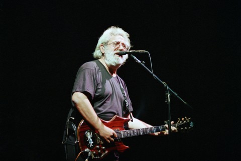 Grateful Dead guitarist Jerry Garcia performs on stage at the Oakland Coliseum in Oakland, Calif., during one of the group’s sold-out concerts in December1992. The 50-year-old rock star, after his second major health scare, is 60 pounds lighter and healthier than he has been in years. (AP Photo/Eric Risberg)