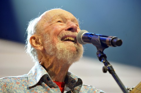 Pete Seeger performs on stage during the Farm Aid 2013 concert at Saratoga Performing Arts Center in Saratoga Springs, N.Y., Saturday, Sept. 21, 2013.(AP Photo/Hans Pennink)