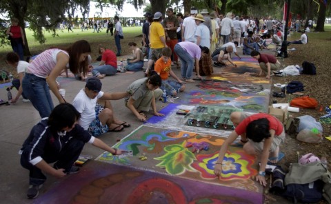 Savannah College of Art and Design students participate in the 21st annual Sidewalk Art Festival Saturday, April 27 2002 on Forsyth Park in Savannah, Ga. Over 700 artists from around the country worked to create chalk sidewalk art for the festival. (AP Photo/Stephen Morton)