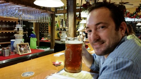 Bar Tab columnist Wade Tatangelo with a liter of Hacker-Pschorr Oktoberfest Beer at Old Hamburg Schnitzelhaus in Holmes Beach. COURTESY PHOTO/KRISTIN TATANGELO