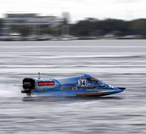 Jeff "The Jet" Reno of Bradenton, Florida, demonstrates his Formula 2 Powerboats in the Manatee River Tuesday morning during a press conference about the inaugural 2015 Bradenton Area Riverwalk Regatta scheduled for Feb. 7, 2015. (January 20, 2015) (Herald-Tribune staff photo by Thomas Bender) 