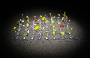 Flowers in vases are part of Wojtek Sawa's exhibit, "The Wall Speaks." (Staff photo / Rachel S. O'Hara) 