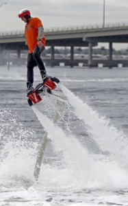 Jonathon Brockhoff, 22, of Bradenton, demonstrates Flyboarding in the Manatee River Tuesday morning during a press conference about the inaugural 2015 Bradenton Area Riverwalk Regatta scheduled for Feb. 7, 2015. (January 20, 2015) (Herald-Tribune staff photo by Thomas Bender) 