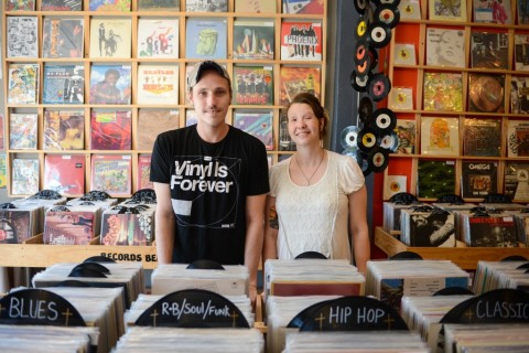 Christian Downing and Katlyn Booth run Vatican City Vinyl Records. They are currently getting ready for Record Store Day Saturday, April 18. Staff photo by Rachel O’Hara.