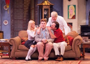 From left, Jennifer Eddy, Parker Lawhorne, Joshua Brin and Neil Kasanofsky (standing) in "You Should Be So Lucky" at Players Theatre. Don Daly Photo