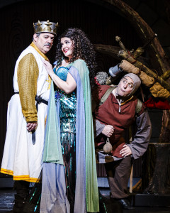 Michael Bajjaly, left as King Arthur is comforted by Michelle Anaya as the Lady of the Lake while Mike Nolan looks on as his assistant, Patsy in "Spamalot" at the Manatee Players. Michele Slaughter Photo/Provided by Manatee Players