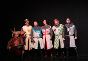 From left, Mike Nolan, Michael Bajjaly, Jason Moore, Tristan Martin, Dave Cowner and William E. Masuck in a scene from "Monty Python's Spamalot" at the Manatee Players. Denny Miller Photo/Provided by Manatee Players