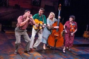 The cast of the touring production of "Woody Sez," a musical biography of Woody Guthrie features, from left, David Finch, David M. Lutken, Helen J. Russell, and Darcie Deaville in "Woody Sez." Photo courtesy of McLaughlin Photography, Queensbury, NY.