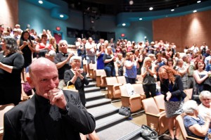 Ken Wiegers gets choked up during one of several standing ovations during a tribute to him as he retires after a 30-year career as technical director and stagecraft teacher at Booker High School's Visual and Performing Arts Center. May 19, 2015) (Herald-Tribune staff photo by Thomas Bender)