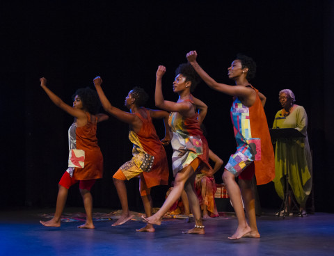 A scene from "The Amazing Adventures of Grace May B. Brown" by SOULOWORKS, Andrea E. Woods and Dancers, from Durham, N.C., featured at the National Black Theatre Festival. ALEC HIMWICH PHOTO