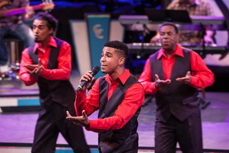 Christopher Eisenberg, center, made his debut with the Westcoast Black Theatre Troupe playing a young Michael Jackson in "The Crooners." He is featured in the show's sequel, "Soul Crooners 2" singing a variety of 1970s soul hits. DON DALY PHOTO