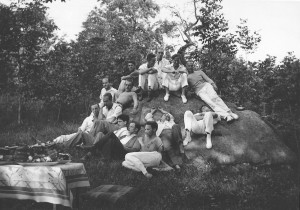 Ted Shawn and his "Men Dancers" lounge on the "Pillow Rock" that lends it's name to America's most famous dance venue, Jacob's Pillow, in the Berkshire hills of Western Massachusetts/ Photo courtesy Jacob's Pillow Dance Festival Archives