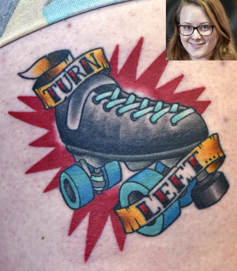 Deathdemona is Morgan Trent, 22, of Sarasota now in her 3rd season of roller derby. Turn Left is her tattoo.  (STAFF PHOTO / THOMAS BENDER)