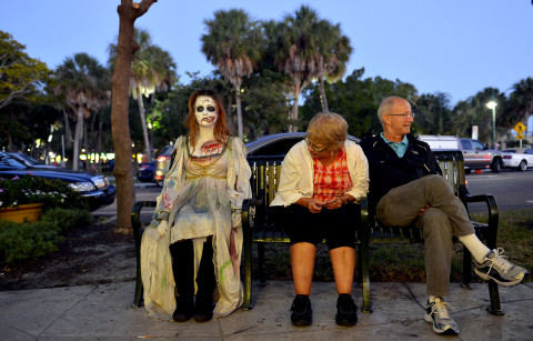 Some fifty students made up as zombies from Sarasota High School performed Thriller at St. Armands Circle on Halloween night. Over a thousand people attended the event.  (October 31, 2012 Herald-Tribune Staff Photo by Thomas Bender)
