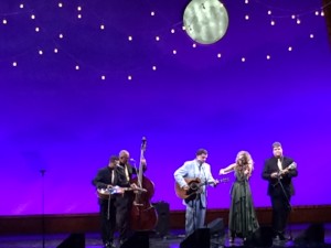 Larry Sparks, center, is joined by Alison Krauss and his band, the Lonesome Ramblers on Thursday night at the IBMA awards show. (Photo / Vicki Dean)
