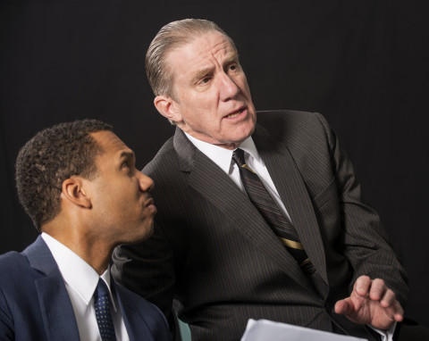 A.K. Murtadha, left, as Martin Luther King Jr.,  and Nick Wyman as President Lyndon Johnson in Asolo Rep's production of "All the Way." JOHN REVISKY PHOTO/ASOLO REP