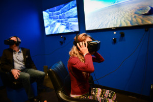 Media previews a virtual reality trip into Dali's 1935 painting "Archaeological Reminiscence of Millet's 'Angelus'".  STAFF PHOTO / RACHEL S. O'HARA