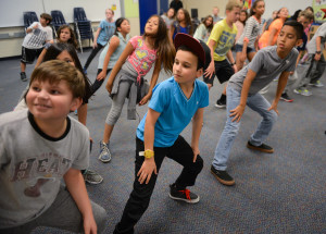 Brentwood Elementary School fourth-grader Luke Yoder, center, rehearses a "Beasts" routine in preparation for an upcomign performance. /STAFF PHOTO / DAN WAGNER