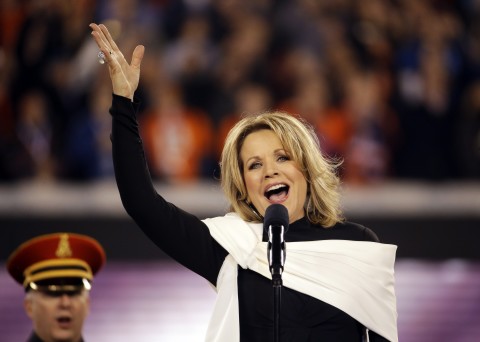 Renée Fleming sings the national anthem before the NFL Super Bowl XLVIII football game between the Seattle Seahawks and the Denver Broncos in 2014. She performs tonight in Sarasota. (AP Photo/Matt Slocum)