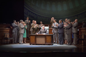 Nick Wyman, center, as President Lyndon B. Johnson in a key historical moment when he signed the Civil Rights Act in Robert Shenkkan's play "All the Way" at Asolo Repertory Theatre. CLIFF ROLES PHOTO/ASOLO REP