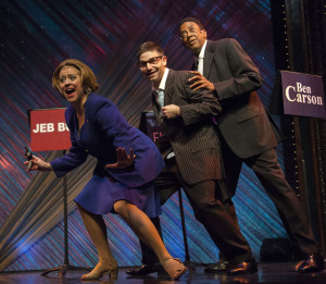 From Left, Ali Reed as Carly Fiorina, Nick Anastasia as Jeb Bush and Richie McCally as Dr. Ben Carson in a scene from "Laughing Matters (vol. 5) Lock the Gates" at Florida Studio Theatre's cabaret. MATTHEW HOLLER PHOTO/FST