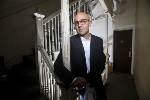 Ayad Akhtar, a novelist, at his office in New York, Aug. 15, 2012. Akhtar is confounding expectations in his screenplays and his debut play, "Disgraced," set for the Claire Tow Theater. (Chester Higgins Jr./The New York Times) - PHOTO MOVED IN ADVANCE AND NOT FOR USE - ONLINE OR IN PRINT - BEFORE SEPT. 23, 2012. -