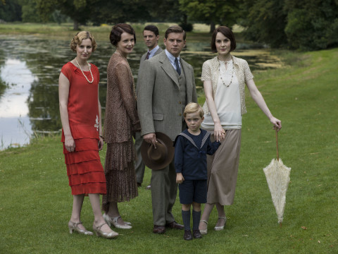 From left, Laura Carmichael, Elizabeth McGovern, Matthew Goode, Allen Leech, and Michelle Dockery, with Master George (played by twins Zac and Oliver Barker) in the final season of "Downton Abbey" on PBS. NICK BRIGGS PHOTO/CARNIVAL FILM & TELEVISION