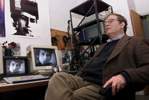 D.A. Pennebaker sits near an editing station showing images of Bob Dylan on Jan. 27, 2000, in New York. "Don't Look Back" is Pennebaker's critically acclaimed chronicle of Dylan's three-week 1965 British tour. (AP Photo/Kathy Willens)