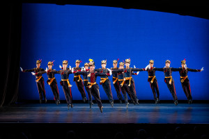 The men of the Sarasota Ballet, led by Logan Learned, in George Balanchine's "Stars and Stripes." / Photo by Cliff Roles