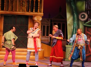 Joe Sergio as Hysterium, Rik Robertson as Pseudolus, Joseph Brunner as Senex and Gary Seddon as Lycus in "A Funny Thing Happened on the Way to the Forum." / Photo by Renee McVety