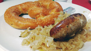 Bratwurst, pretzel and sauerkraut. (STAFF PHOTO/BRIAN RIES)
