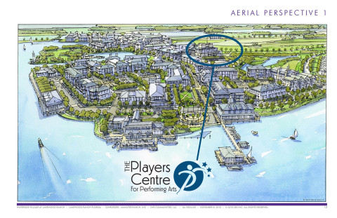 A rendering of an aerial view of the new Waterside mixed-use development in the Southern portion of Lakewood Ranch and the future site of the new Players Center for the Performing Arts. PROVIDED BY PLAYERS CENTER  