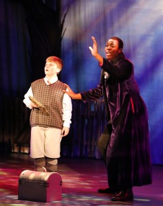 Judah Woomert as James and Nethaneel Williams as Ladahlord in a scene from "James and the Giant Peach" at Venice Theatre. RENEE MCVETY PHOTO/VENICE THEATRE