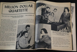 A copy of Sixteen Magazine with a photo of "The Million Dollar Quartet" showing performers Jerry Lee Lewis, Carl Perkins, Elvis Presley and Johnny Cash, and signed by Perkins and Cash. That jam session is the focus of the musical "Million Dollar Quartet" coming to Florida Studio Theatre in the fall of 2016. (AP Photo/M. Spencer Green)