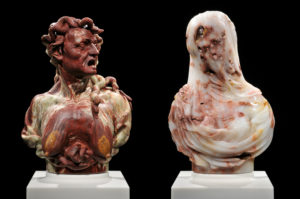 Barry X Ball's sculptures "Envy" and "Purity," made of onyx and stainless steel, pair the time-ravaged living with the youthful dead. The sculptures can be viewed at the traveling exhibition "Phantom Bodies: The Human Aura in Art," currently hosted at the Ringling Museum. PHOTO PROVIDED BY RINGLING MUSEUM