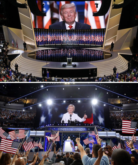 Top, Republican presidential candidate Donald Trump smiles as he addresses delegates during the final day session of the Republican National Convention in Cleveland. (AP Photo/Patrick Semansky) Below, Democratic presidential nominee Hillary Clinton speaks on the final night of the Democratic National Convention in Philadelphia, (AP Photo/Matt Rourke)